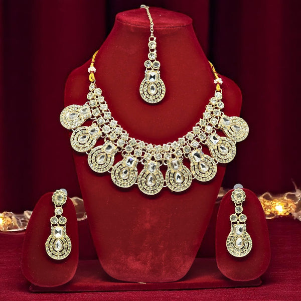Gold-Plated Kundan & Crystal Studded Necklace And Earrings With Maang Tika