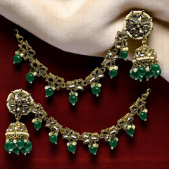 Green Color Traditional Kundan & Pearls Bahubali Chain Jhumka Earring For Women & Girls