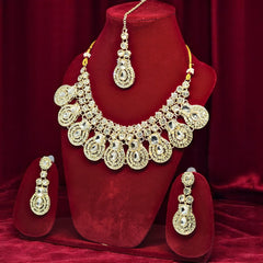 Gold-Plated Kundan & Crystal Studded Necklace And Earrings With Maang Tika