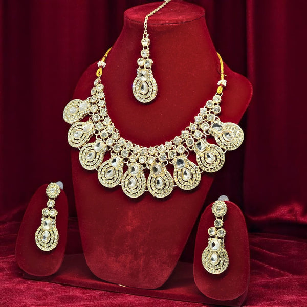 Gold-Plated Kundan & Crystal Studded Necklace And Earrings With Maang Tika