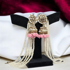 Light Pink Traditional Kundan & Pearls Bahubali Chain Jhumka Earring For Women & Girls