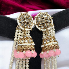 Light Pink Traditional Kundan & Pearls Bahubali Chain Jhumka Earring For Women & Girls