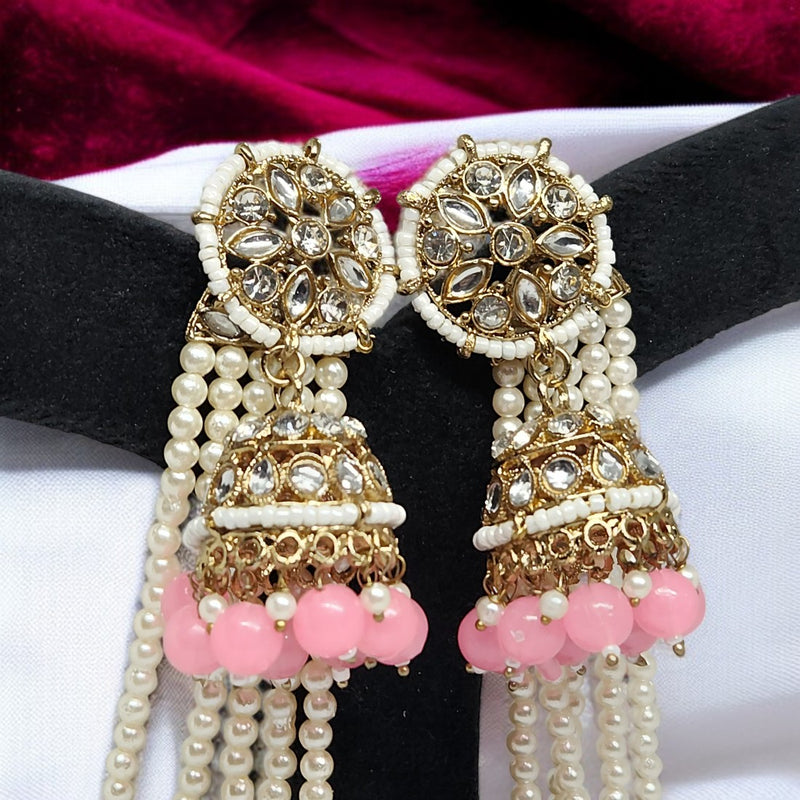 Light Pink Traditional Kundan & Pearls Bahubali Chain Jhumka Earring For Women & Girls