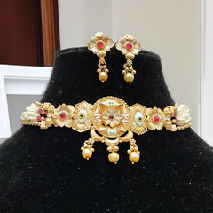 Traditional Gold Plated Floral Choker Necklace Set with Earrings for Women