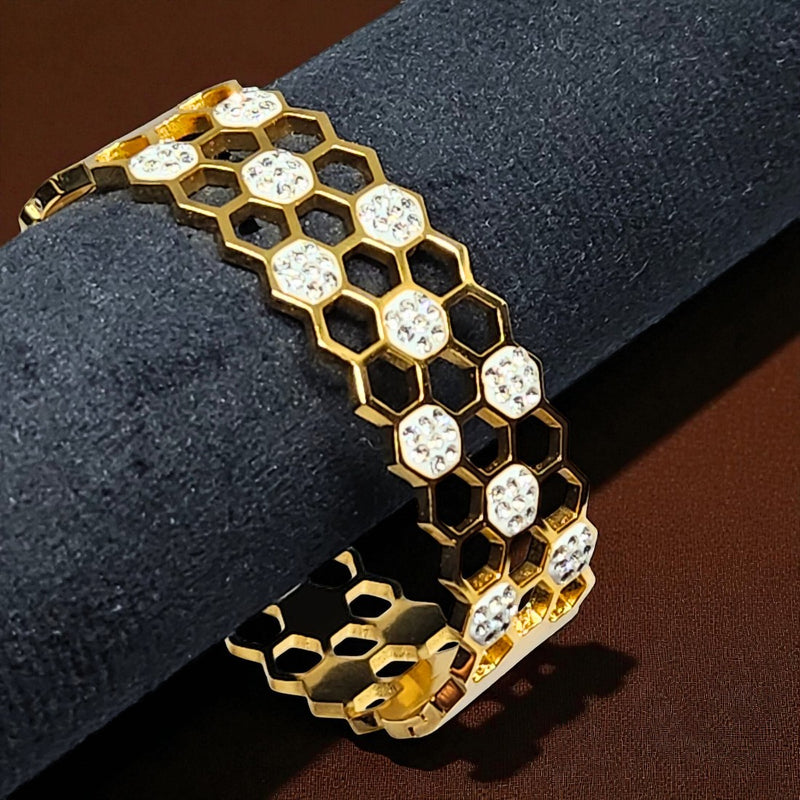 Stylish Honeycomb Design Gold-Plated Bracelet with Sparkling Crystal Studs for Women & Girls