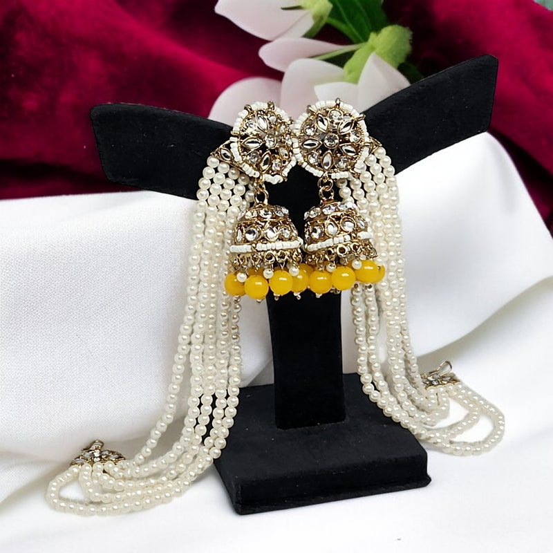 Yellow Color Traditional Kundan & Pearls Bahubali Chain Jhumka Earring For Women & Girls