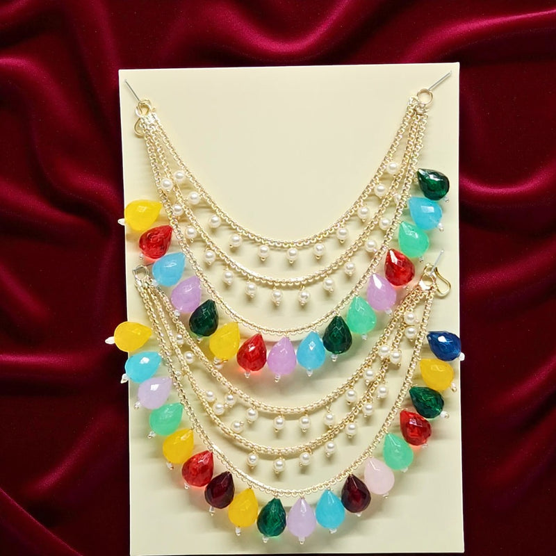Multicolor 3 Layer Beaded Pearl Drop Ear Chain for Women & Girls, Traditional Festive Jewelry
