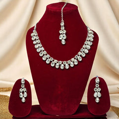 Kundan & Crystal Studded Necklace And Earrings With Maang Tika