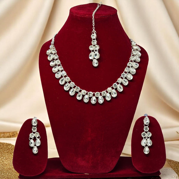Kundan & Crystal Studded Necklace And Earrings With Maang Tika