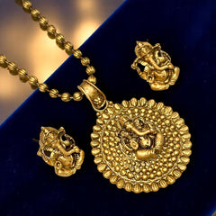Ganesha Ji Temple Jewellery Set, Matte Finish Golden Necklace & Earrings Set for Girls & Women