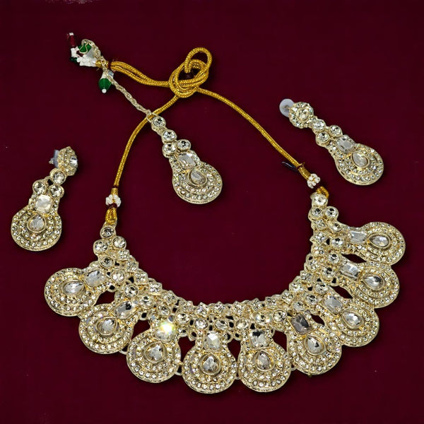 Gold-Plated Kundan & Crystal Studded Necklace And Earrings With Maang Tika