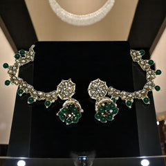 Green Color Traditional Kundan & Pearls Bahubali Chain Jhumka Earring For Women & Girls