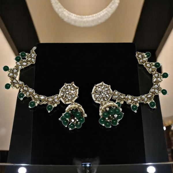 Green Color Traditional Kundan & Pearls Bahubali Chain Jhumka Earring For Women & Girls