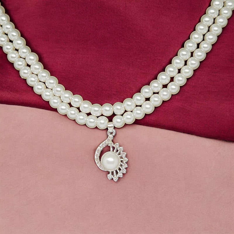 Elegant Pearl Necklace & Earrings Set for Women | Double Layer Pearl Choker with Bow Pendant