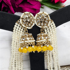 Yellow Color Traditional Kundan & Pearls Bahubali Chain Jhumka Earring For Women & Girls