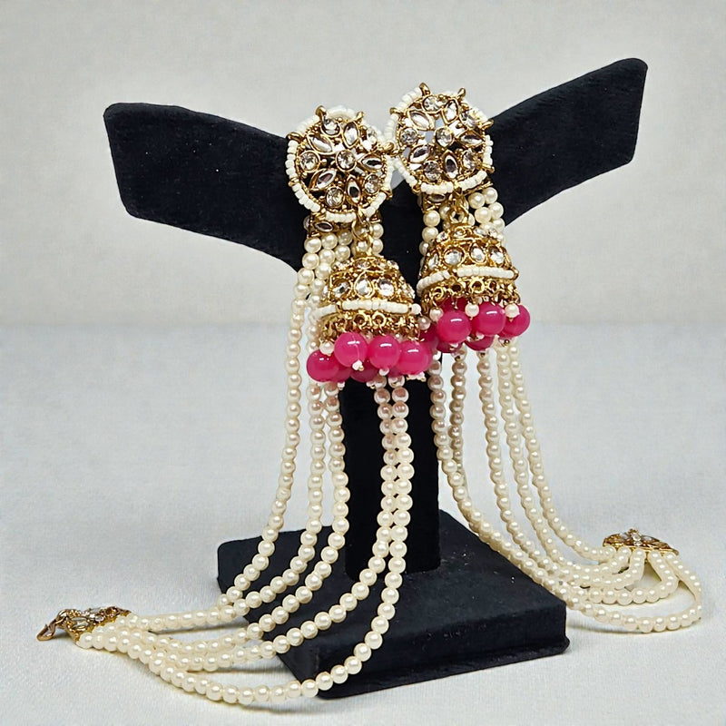 Pink Color Traditional Kundan & Pearls Bahubali Chain Jhumka Earring For Women & Girls