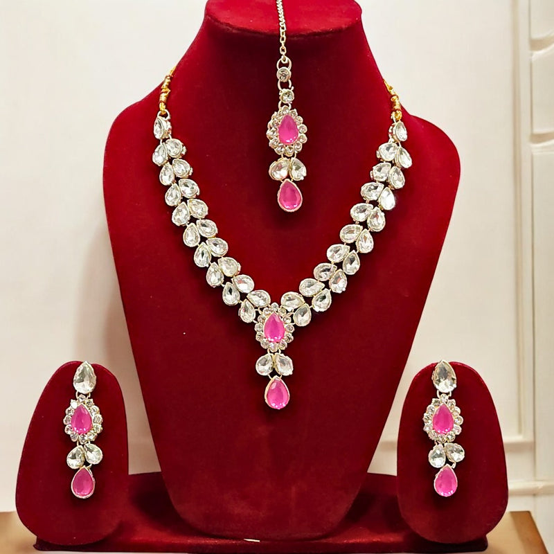 Traditional Kundan Jewelry Set with Pink Tear Drop Stones | Party & Wedding Wear