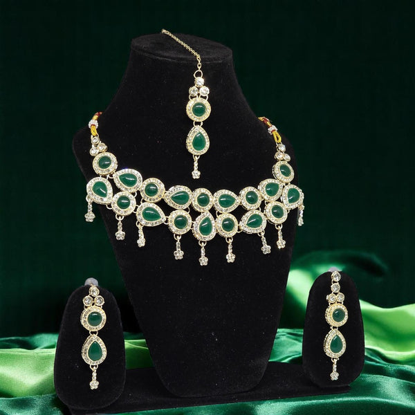 Monalisa Green Colour Necklace Set with Earrings & Mangtika