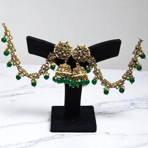 Green Color Traditional Kundan & Pearls Bahubali Chain Jhumka Earring For Women & Girls