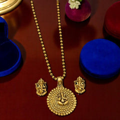 Ganesha Ji Temple Jewellery Set, Matte Finish Golden Necklace & Earrings Set for Girls & Women