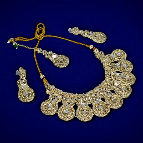 Gold-Plated Kundan & Crystal Studded Necklace And Earrings With Maang Tika