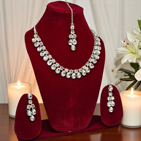 Kundan & Crystal Studded Necklace And Earrings With Maang Tika