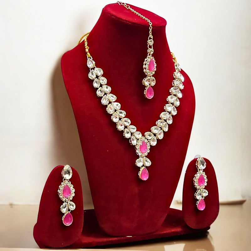 Traditional Kundan Jewelry Set with Pink Tear Drop Stones | Party & Wedding Wear