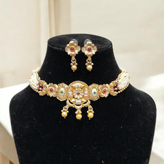 Traditional Gold Plated Floral Choker Necklace Set with Earrings for Women