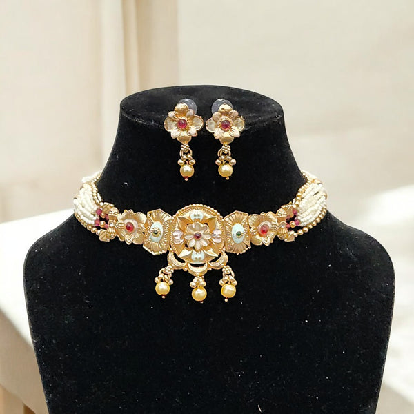 Traditional Gold Plated Floral Choker Necklace Set with Earrings for Women