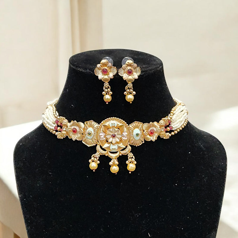 Traditional Gold Plated Floral Choker Necklace Set with Earrings for Women