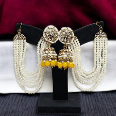 Yellow Color Traditional Kundan & Pearls Bahubali Chain Jhumka Earring For Women & Girls