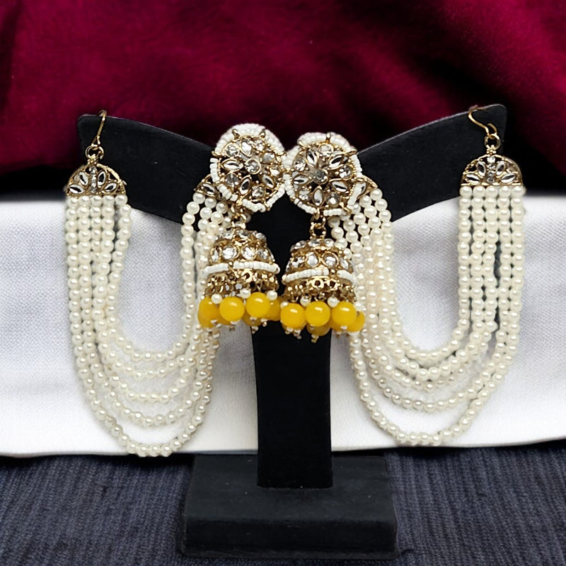 Yellow Color Traditional Kundan & Pearls Bahubali Chain Jhumka Earring For Women & Girls