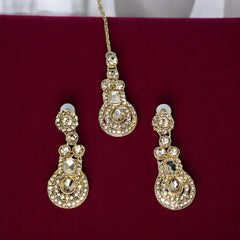 Gold-Plated Kundan & Crystal Studded Necklace And Earrings With Maang Tika