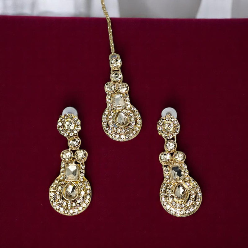 Gold-Plated Kundan & Crystal Studded Necklace And Earrings With Maang Tika
