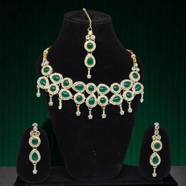Monalisa Green Colour Necklace Set with Earrings & Mangtika