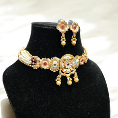 Traditional Gold Plated Floral Choker Necklace Set with Earrings for Women