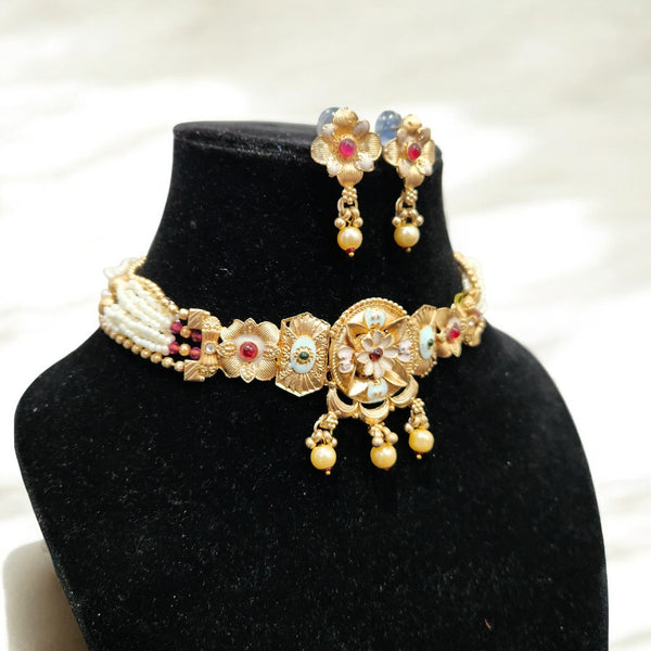 Traditional Gold Plated Floral Choker Necklace Set with Earrings for Women