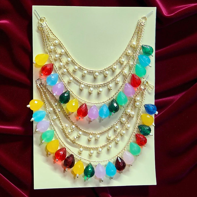 Multicolor 3 Layer Beaded Pearl Drop Ear Chain for Women & Girls, Traditional Festive Jewelry