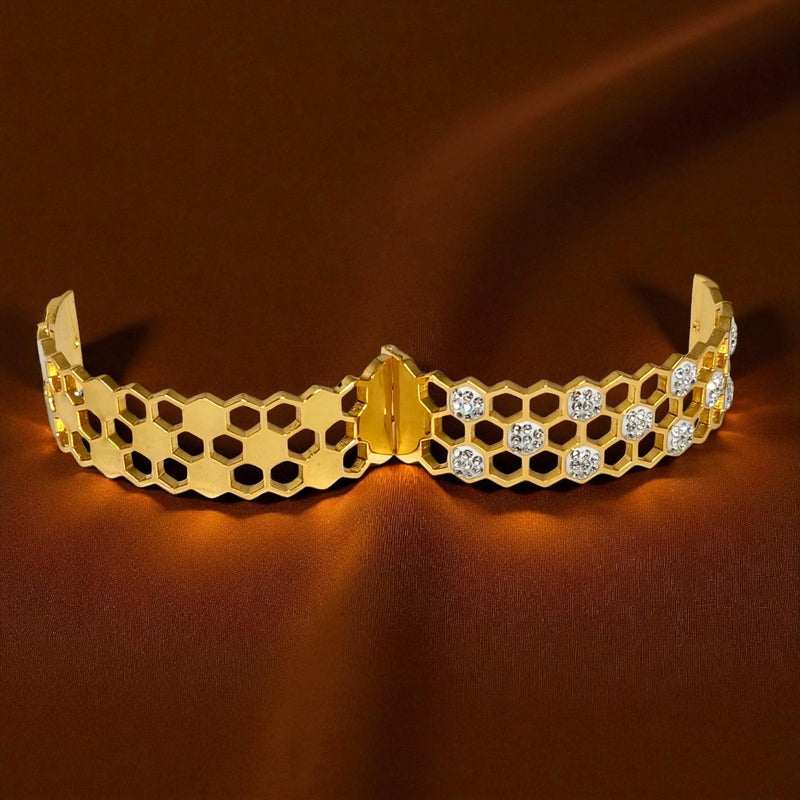 Stylish Honeycomb Design Gold-Plated Bracelet with Sparkling Crystal Studs for Women & Girls
