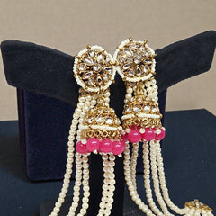 Pink Color Traditional Kundan & Pearls Bahubali Chain Jhumka Earring For Women & Girls