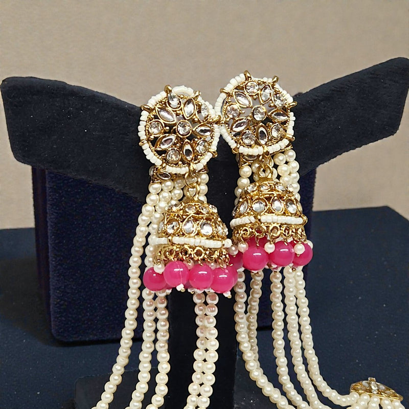 Pink Color Traditional Kundan & Pearls Bahubali Chain Jhumka Earring For Women & Girls