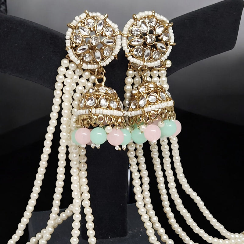 Multicolor Traditional Kundan & Pearls Bahubali Chain Jhumka Earring For Women & Girls