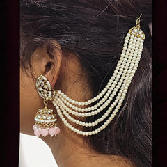 Baby Pink Traditional Kundan & Pearls Bahubali Chain Jhumka Earring For Women & Girls
