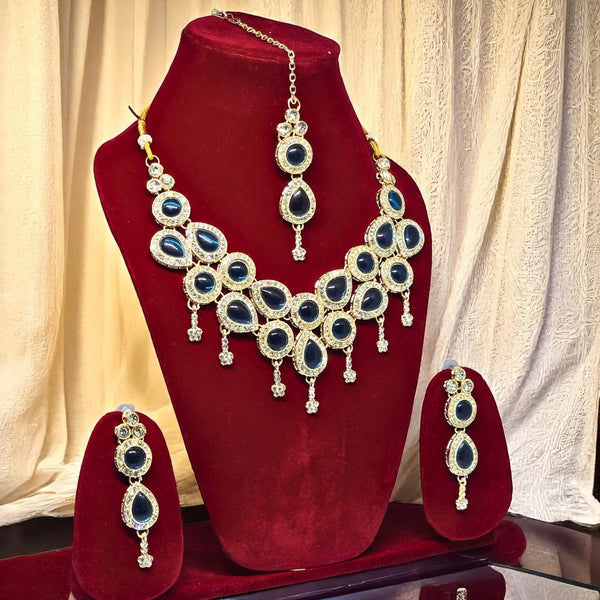 Monalisa Blue Colour Necklace Set with Earrings & Mangtika