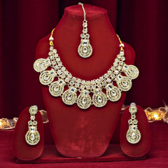 Gold-Plated Kundan & Crystal Studded Necklace And Earrings With Maang Tika