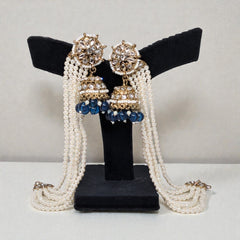 Blue Color Traditional Kundan & Pearls Bahubali Chain Jhumka Earring For Women & Girls