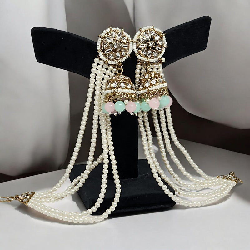 Multicolor Traditional Kundan & Pearls Bahubali Chain Jhumka Earring For Women & Girls