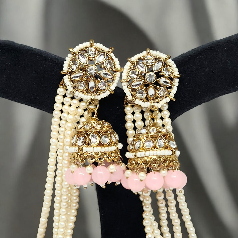 Baby Pink Traditional Kundan & Pearls Bahubali Chain Jhumka Earring For Women & Girls