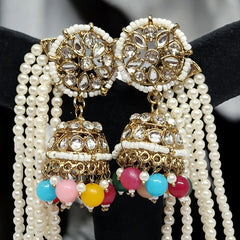 Multicolor Traditional Kundan & Pearls Bahubali Chain Jhumka Earring For Women & Girls