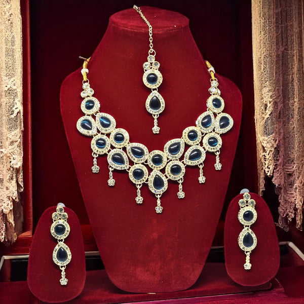 Monalisa Blue Colour Necklace Set with Earrings & Mangtika